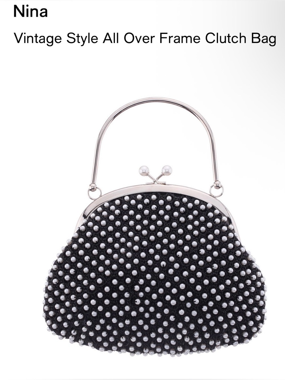 Nina Vintage Style All Over Frame Clutch. Black/Silver.